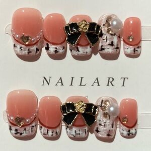 [L] 🎀💛10Pcs Handmade Wearable Press on Nails Short Luxury Designer Tweed French